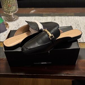 Fashion Nova Black Mules with Gold Accent